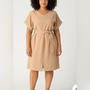 Achro Tan Midi‎ Dress V-Neck Short Sleeve Tie Waist Polyester Size L